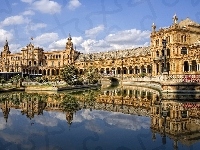 Plaza de Espana, Sevilla, Chmury, Hiszpania, Hotel, Woda