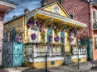 Dekoracje, Nowy Orlean, Żółty, Domek, Świąteczne