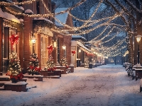 Domy, Ulica, Zima, Dekoracje, Boże Narodzenie, Latarnie