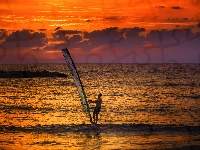 Windsurfing, Mężczyzna, Słońca, Deska, Zachód, Morze, Surfing