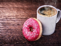 Donut, Parująca, Pączek, Deski, Kubek, Kawa, Lukier