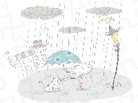 Deszcz, Parasol, Fantasy, Dziewczynka, Kot