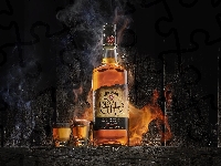 Deski, Whisky, Butelka, Jim Beam Bourbon Devils Cut 90, Dym, Kieliszki
