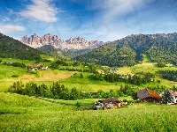 Dolina Val di Funes, Drzewa, Włochy, Wieś Santa Maddalena, Góry Dolomity