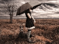 Parasol, Łąka, Dziewczyna, Doberman, Drzewo, Chmury, Pies