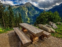 Dolina, Ławka, Góry, Krajobraz