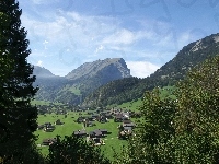 Dolina, Austria, Drzewa, Kanisfluh, Góry, Domy
