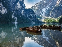 Dolomity, Łódki, Włochy, Góry, Jezioro Braies