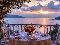 Bukiet kwiatów, Balkon, Dom, Morze, Krzesła, Stół