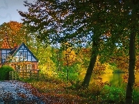 Dom, Jezioro, Drzewa, Jesień
