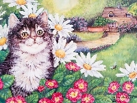 Dom, Kot, Kwiaty, Rysunek