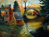 Dom, Jesień, Most, Rzeka