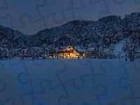 Dom, Lasy, Zima, Góry, Oświetlony, Noc