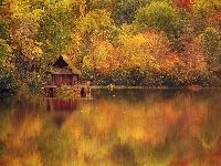 Domek, Jesień, Jezioro, Drzewa, Odbicie