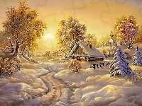 Domek, Drzewa, Śnieg, Zima