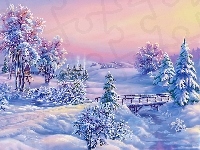 Śnieg, Drzewa, Domki, Zima