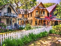 Domki, Lato, Drewniane, Kolorowe, Ogródek