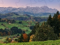 Domy, Lasy, Panorama, Góry, Łąki, Jesień