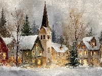 Zima, Domy, Drzewa, Grafika AI