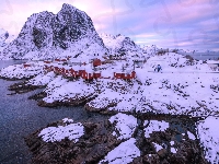 Hamnoy, Norwegia, Lofoty, Domy, Góry, Morze, Zima