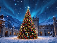Domy, Zorza polarna, Wieża, Choinka, Bombki, Dziedziniec, Boże Narodzenie, Zima