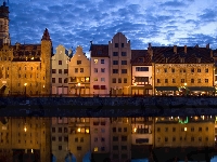 Wieczór, Gdańsk, Polska, Domy, Odbicie, Rzeka Motława