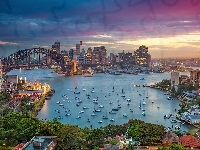 Sydney, Zmierzch, Domy, Zatoka Port Jackson, Australia, Most Harbour Bridge, Łodzie