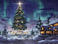 Domy, Grafika, Choinka, Śnieg, Boże Narodzenie, Zima, Zorza polarna