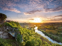 Francja, Drzewa, Rzeka Dordogne, Chmury, Zachód słońca