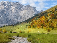 Drzewa, Góry, Kolorowe, Drogi, Jesień, Strumyk, Domy