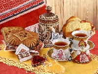 Pierniczki, Herbata, Filiżanki, Drożdżówki, Konfitura, Ciasteczka