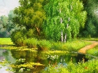 Dróżka, Jezioro, Staw, Drzewa