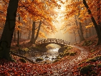 Drzewa, Las, Jesień, Mostek, Pożółkłe, Ścieżka, AI, Rzeka, Liście