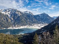 Drzewa, Góry, Zima, Jezioro, Dolina, Tyrol, Austria, Achensee, Achental