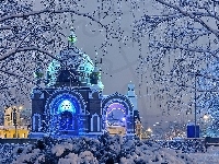 Śnieg, Cerkiew, Drzewa, Zima