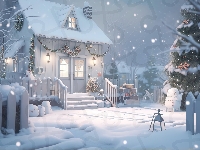 Drzewa, Śnieg, Zima, Dom, Światła, Boże Narodzenie, 2D, Choinka, Dekoracja