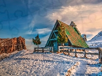 Drzewa, Włochy, Chmury, Zima, Ogrodzenie, Dolomity, Góry, Skały, Dom, Śnieg