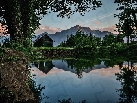 Drzewa, Kamień, Góry, Domek, Staw