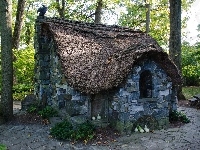 Drzewa, Park, Domek, Ławki
