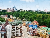 Drzewa, Ukraina, Kolorowe, Domy, Ulica