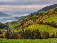 Dolomity, Drzewa, Domy, Mgła, Jesień, Góry, Chmury, Drogi