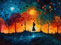Fantasy, Malarstwo, Grafika, Drzewa, Kolory, Dziewczyna
