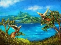 Drzewa, Woda, Fantasy, Ptaki, Góry, Art