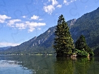 Drzewa, Niebo, Jezioro, Góry, Błękitne