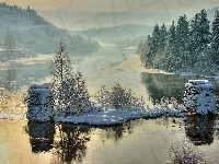 Drzewa, Rzeka, Góry, Śnieg