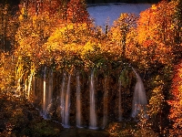 Park Narodowy Jezior Plitwickich, Wodospady, Chorwacja, Jesień, Drzewa
