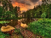 Łódki, Jeziorko, Drzewa, Pomost