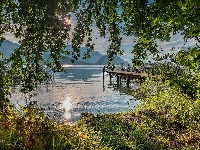 Wolfgangsee, Austria, Jezioro, Drzewa, Góry, Salzkammergut, Pomost
