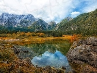 Drzewa, Skały, Góry, Jezioro, Las