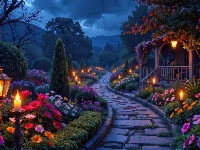 Ogród, Drzewa, Kwiaty, Ścieżka, Świece